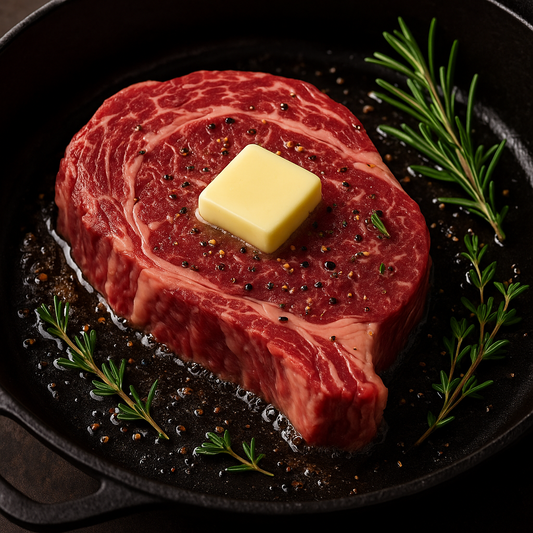 Thick and Juicy, Angus Choice Ribeyes. Pasture Raised-Texas Made