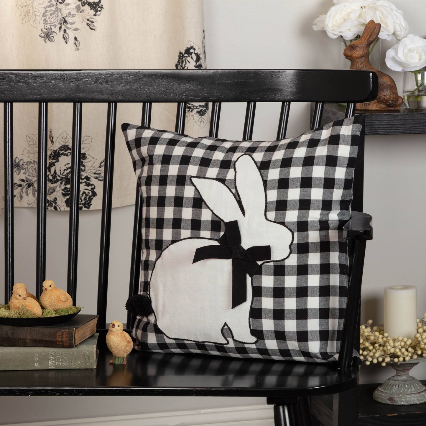 Vintage Check Black Applique Bunny Pillow 18Lx18W